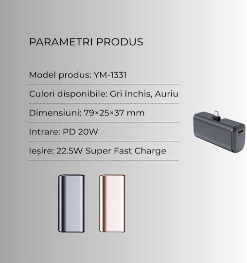Voltres Power Bank 5000mAh 22.5W with USB-C Port Gold view 6