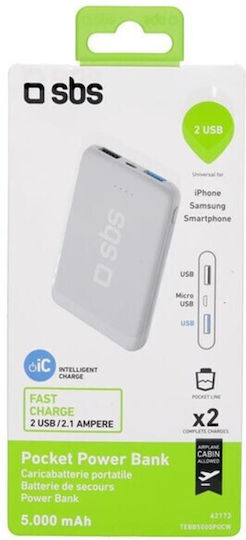 SBS Pocket Line Power Bank 5000mAh with 2 USB-A Ports White Ansicht 3