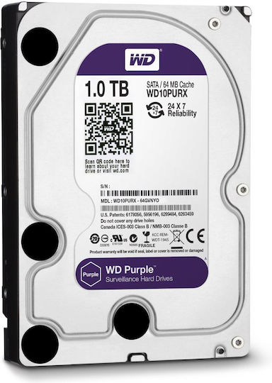 Western Digital Purple Surveillance 1TB HDD Hard Drive 3.5" SATA III 5400rpm with 64MB Cache for Recorder WD10PURX
