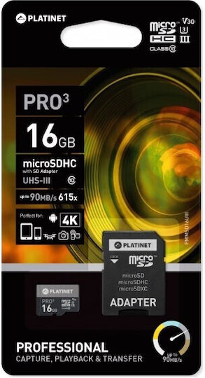 Platinet microSDHC 16GB U3 V30 UHS-III 90MB/s with Adapter