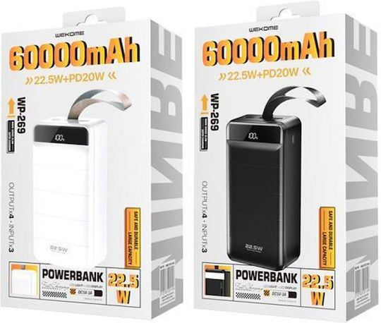 WK WP-269 Power Bank 60000mAh 22.5W with 3 USB-A Ports and USB-C Port Power Delivery / Quick Charge 3.0 Minre White view 4