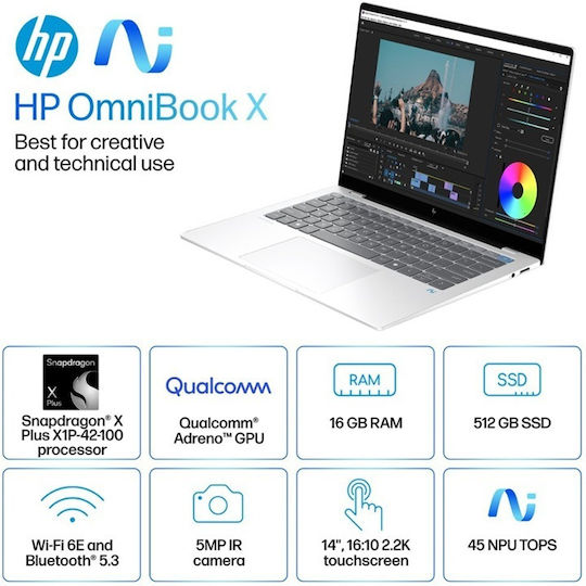 HP OmniBook X 14-fe1003dx 14" IPS Touchscreen (Snapdragon-X Elite/16GB/512GB SSD/No OS) (US Keyboard) view 2