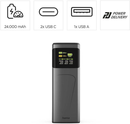 HAMA High Power 24000mAh 200W with USB-A Port and 2 USB-C Ports Quick Charge 3.0 Gray view 5