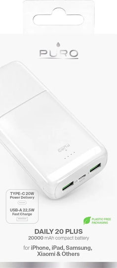Puro Daily 20 Plus Power Bank 20000mAh 22.5W with 2 USB-A Ports and USB-C Port Power Delivery White view 3
