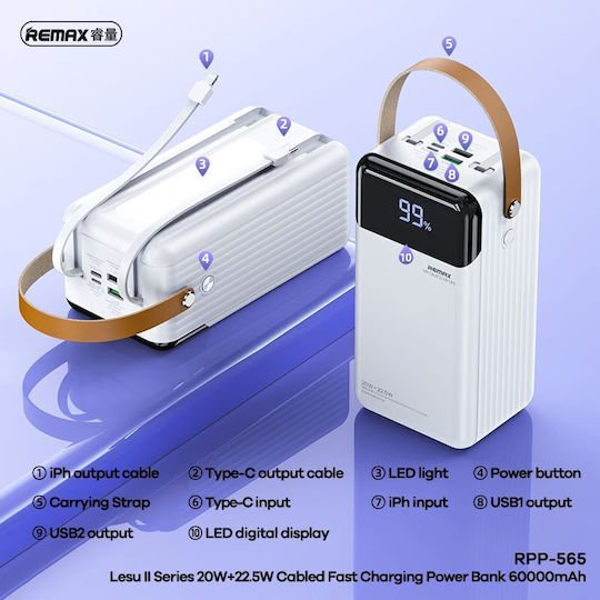 Remax RPP-565 Power Bank 60000mAh 22.5W with 2 USB-A Ports and USB-C Port Quick Charge 3.0 White view 3