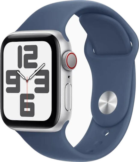Apple Watch SE 2024 Aluminium 40mm Waterproof with eSIM and Heart Rate Monitor (Silver with Denim Sport Band (S/M)) view 1