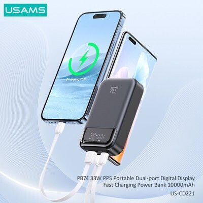 Usams CD221 Power Bank 10000mAh 33W with USB-A Port and USB-C Port Gray view 8