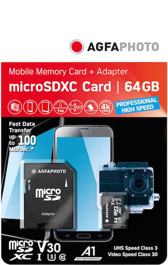 AgfaPhoto microSDXC 64GB U3 V30 A1 High Speed 100MB/s With Adapter