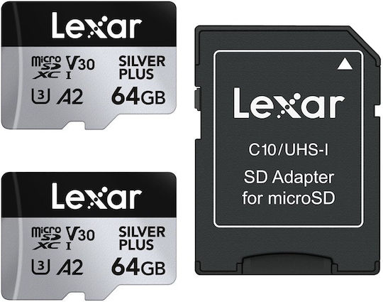 Lexar Professional Silver Plus microSDXC 64GB U3 V30 A2 UHS-I 205MB/s with Adapter view 2