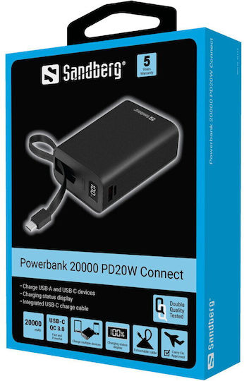 Sandberg Connect Power Bank 20000mAh 20W with USB-A Port and USB-C Port Black vista 4