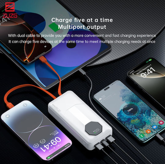 Zuzg C013p Power Bank 20000mAh Fast Charge PD 20W & QC 22.5W Built-in Cables & LED Display White view 3