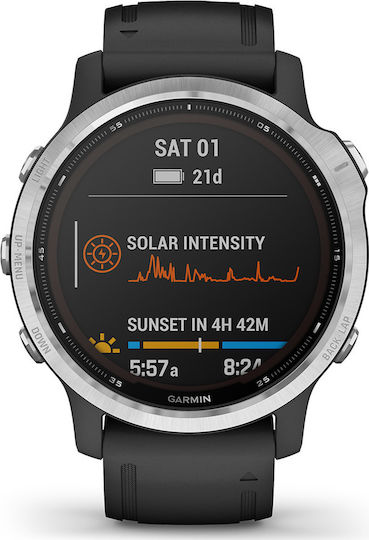 Garmin Fenix 6S Solar Stainless Steel 42mm Waterproof Smartwatch with Heart Rate Monitor (Silver with Black Band) view 1