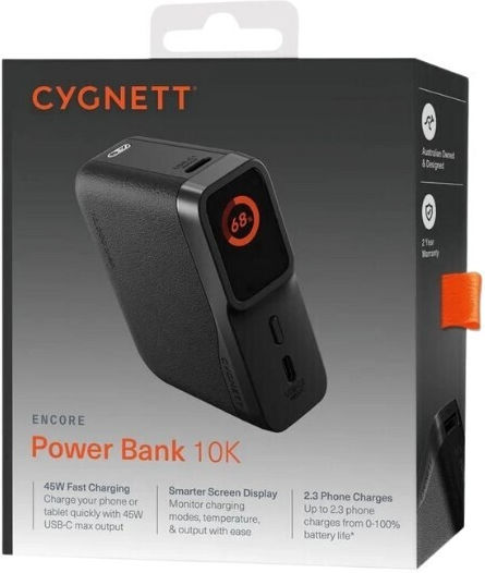 Cygnett Encore Power Bank 10000mAh 45W with USB-A Port and 2 USB-C Ports Black view 2
