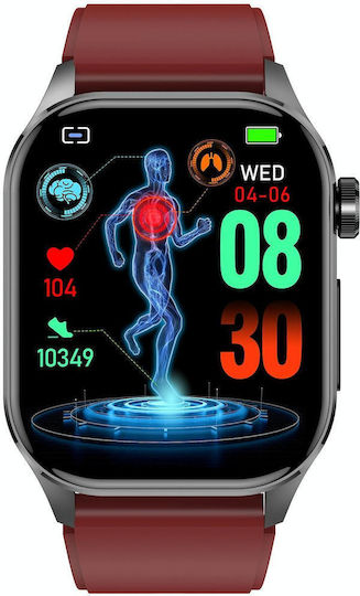 Et580 2.04 Inch Amoled Screen Sports Smart Watch Support Bluethooth Call Ecg Function Red Silicone Band view 2