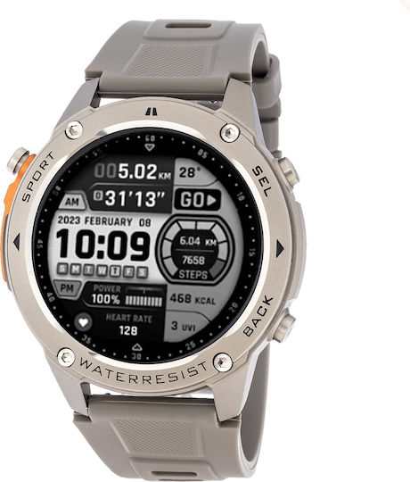 3Guys Stainless Steel 50mm Smartwatch with Heart Rate Monitor (Beige Silicone Strap)
