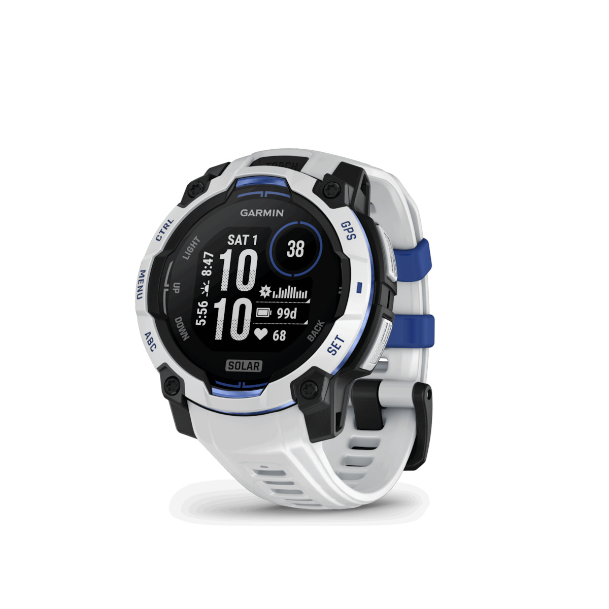 Garmin Instinct 3 Solar Aluminium 45mm Waterproof Smartwatch with Heart Rate Monitor (Whitestone and Blue Limited Edition) view 2