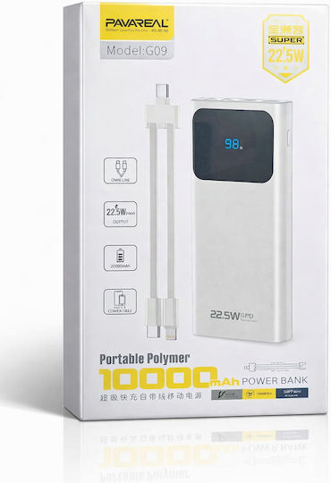 Pavareal G09 Power Bank 10000mAh Built-In Cable PD 20W & QC 22.5W LED Display White view 1