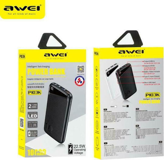 Awei P103K Power Bank 10000mAh 22.5W with 2 USB-A Ports and USB-C Port Black view 2
