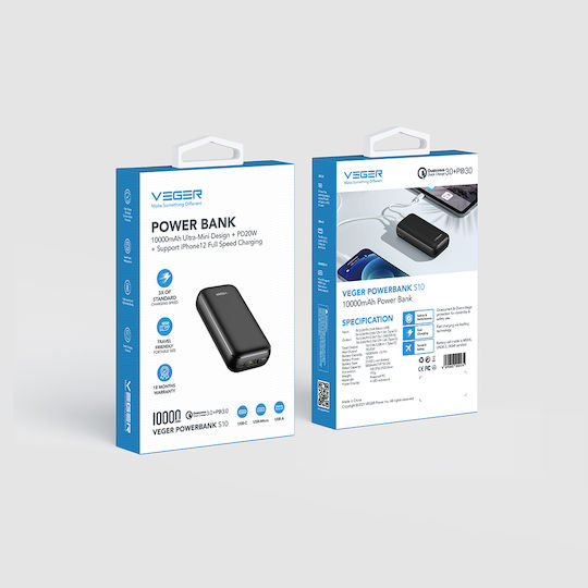 Veger S10 Power Bank 10000mAh 20W with USB-A Port and USB-C Port Power Delivery / Quick Charge 3.0 Black vue 6