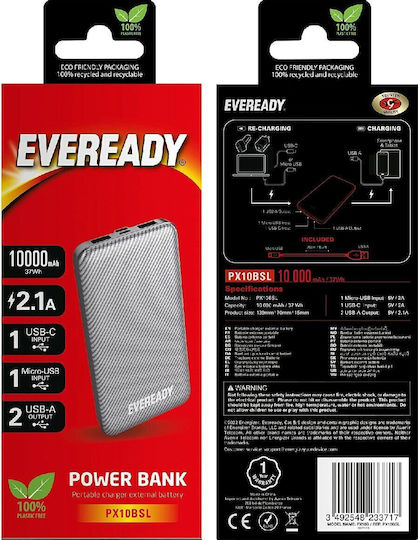 Energizer Slim Power Bank 10000mAh with 2 USB-A Ports Silver view 3