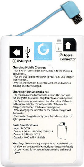 GRAB N GO GNG128 Power Bank 4000mAh with USB-A Port White vue 2