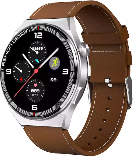 Men's Smart Watch Nubi Sk11 Plus Ips Display Bluetooth Call Pulse Calories Blood Pressure Remote Camera Sports Modes Brown Leather view 1