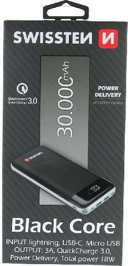 Swissten Black Core Power Bank 30000mAh 18W with USB-A Port and USB-C Port Quick Charge 3.0 Black view 3