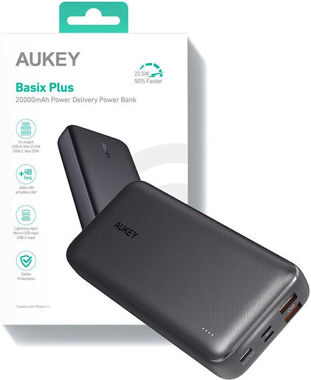 Aukey PB-N74S Basix Plus Power Bank 20000mAh 22.5W with 2 USB-A Ports and USB-C Port Power Delivery / Quick Charge 3.0 Black