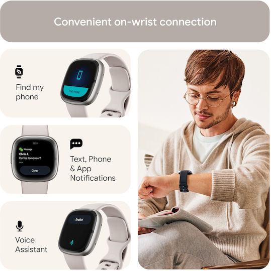 Fitbit Sense 2 Aluminium Waterproof Smartwatch with Heart Rate Monitor (Silver / White) view 9