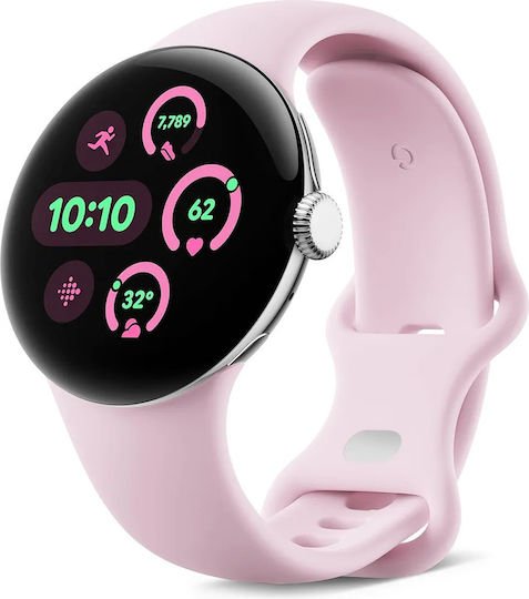 Google Pixel Watch 3 Aluminium 41mm Waterproof with Heart Rate Monitor (Polished Silver Aluminum Case / Rose Quartz Active Band)