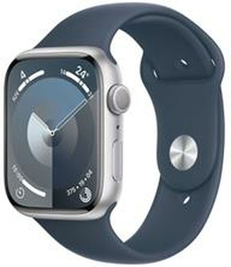 Apple Watch Series 9 Cellular Aluminium 41mm Waterproof with Heart Rate Monitor (Silver with Storm Blue Sport Band (S/M)) view 1