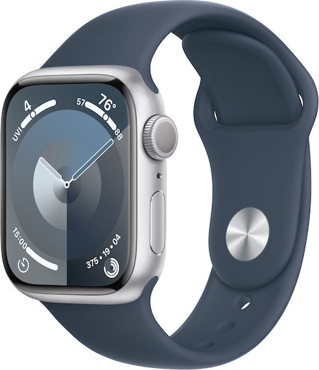 Apple Watch Series 9 Aluminium 41mm Waterproof with Heart Rate Monitor (Silver with Storm Blue Sport Band (S/M)) view 1