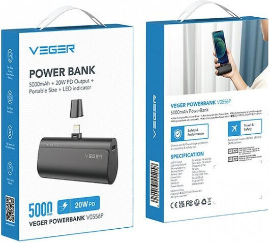 Veger V0556P Power Bank 5000mAh 20W Power Delivery Black vue 8