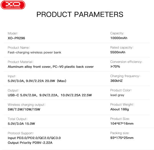 XO PR296 Power Bank 10000mAh Power Delivery Quick Charge 2.0 Quick Charge 3.0 Gray view 3