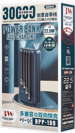 Remax RPP-199 Hunergy Series Power Bank 30000mAh 22.5W with USB-A Port Power Delivery Blue vue 8