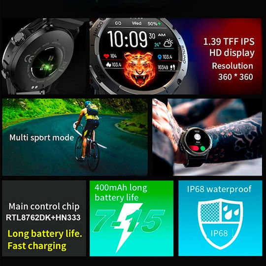 NX9 50mm Smartwatch with Heart Rate Monitor (Black / Khaki) view 2