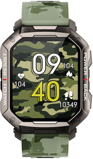 DAS.4 SG35 Smartwatch with Heart Rate Monitor (Black Case / Camo Green Silicone Strap)