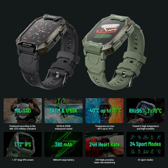 Kospet Tank M1 Waterproof Smartwatch with Heart Rate Monitor (Green) view 5