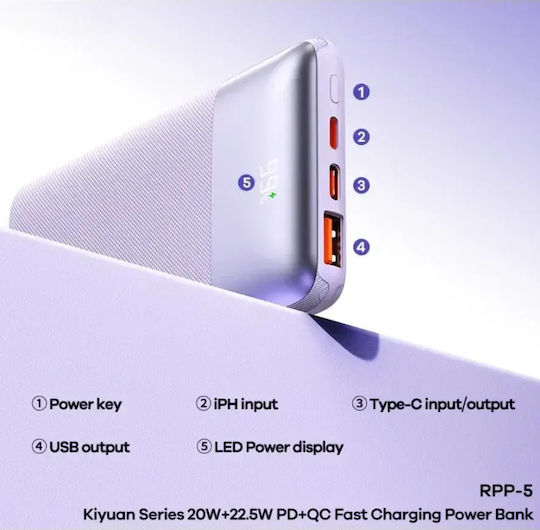 Remax RPP-5 Power Bank 10000mAh 22.5W with USB-A Port and USB-C Port Power Delivery / Quick Charge 3.0 White vue 2