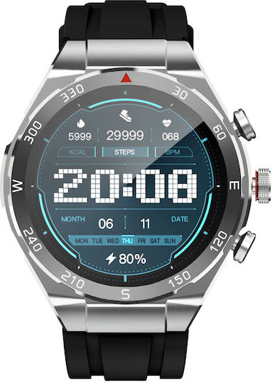 DAS.4 Smartwatch with Heart Rate Monitor (Silver Case / Black Silicone Strap)