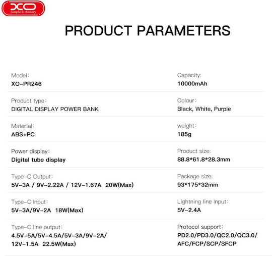 XO PR246 Power Bank 10000mAh 20W Power Delivery Purple view 6