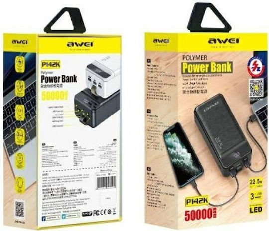 Awei P142K Power Bank 50000mAh 22.5W with 3 USB-A Ports and USB-C Port Power Delivery Black view 3