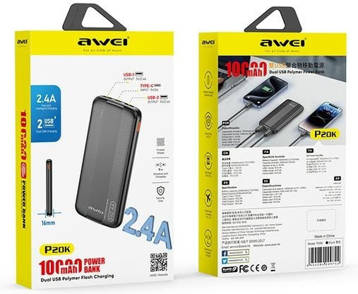 Awei P20K Power Bank 10000mAh with 2 USB-A Ports Black vue 4