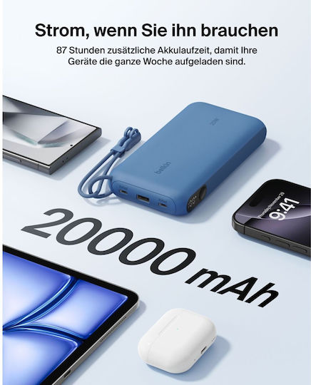Belkin Power Bank 20000mAh 20W with USB-A Port and 2 USB-C Power Delivery Ports Blue view 6
