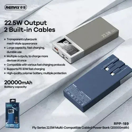 Remax RPP-189 Fly Series Power Bank 20000mAh 22.5W with USB-A Port and USB-C Port Blue vista 3