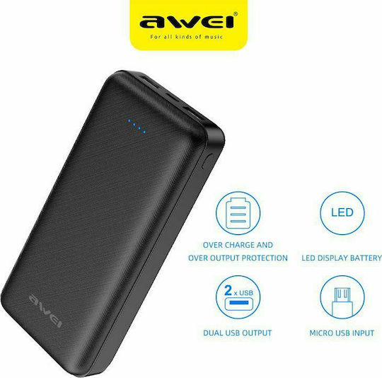 Awei P6K Power Bank 20000mAh with 2 USB-A Ports Black view 2