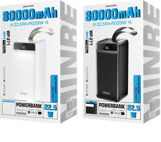 WK WP-271 Power Bank 80000mAh 22.5W with 3 USB-A Ports and USB-C Port Power Delivery / Quick Charge 3.0 Minre White vue 3