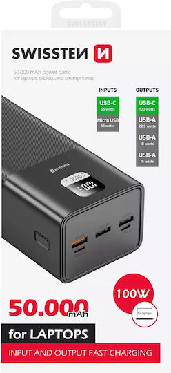 Swissten Power Bank 50000mAh 100W with 3 USB-A Ports and USB-C Port Quick Charge 3.0 Black view 2