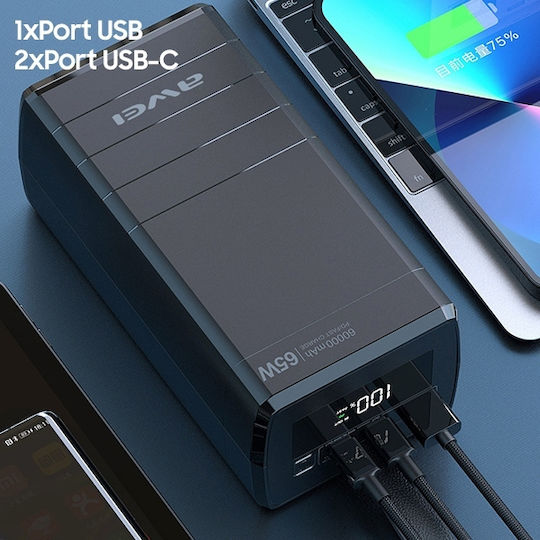 Awei P171K Power Bank 60000mAh 65W with USB-A Port and 2 USB-C Ports Black view 3