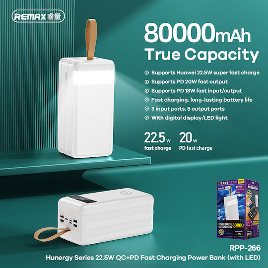 Remax RPP-266 Power Bank 80000mAh 22.5W with 4 USB-A Ports and USB-C Port Power Delivery / Quick Charge 3.0 White vista 2